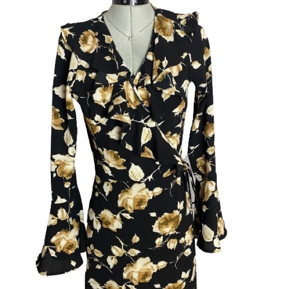 Beautiful Black Tan Floral Wrap Dress - Picture 5 of 5